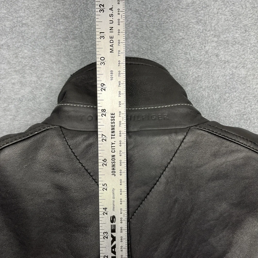 Vintage Men's Tommy Hilfiger Black Leather Bomber Jacket Zip Front Lined XL